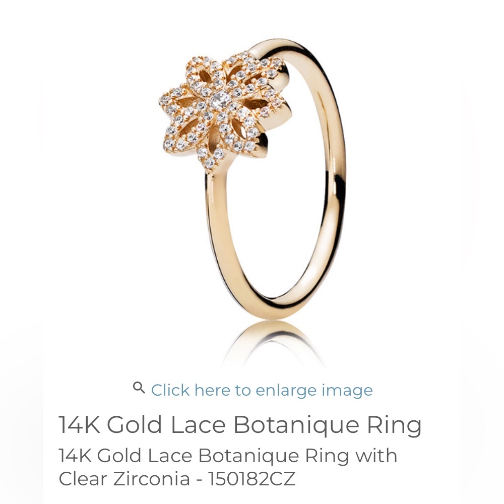 Authentic Pandora 14K Solid Gold Lace Botanic Ring with Clear Zirconia New Sz 56